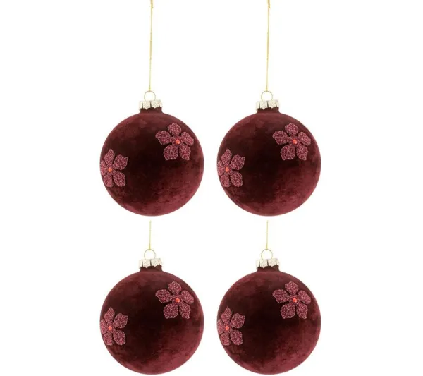 * Guirlande Et Boule De Sapin^Lot De 4 Boules De Noël "Fleurs Velours" 10Cm Rouge