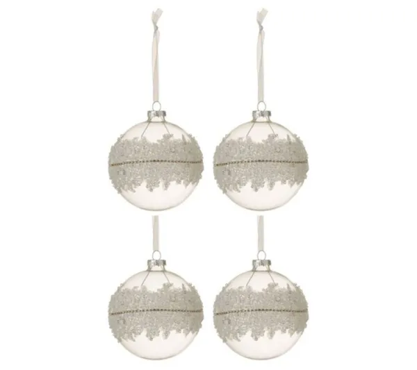 * Guirlande Et Boule De Sapin^Lot De 4 Boules De Noël "Glace" 10Cm Blanc Et Argent
