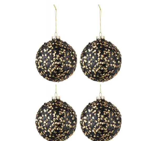 * Guirlande Et Boule De Sapin^Lot De 4 Boules De Noël "Paillettes" 10Cm Noir Et Or