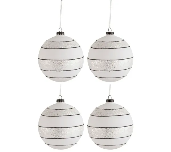 * Guirlande Et Boule De Sapin^Lot De 4 Boules De Noël "Paillettes Lignes" 10Cm Blanc
