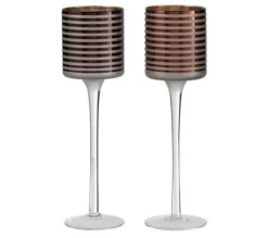 Flash Sale * Lot De 2 Photophores Sur Pied "Verre Raye" 25Cm Marron