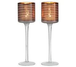 Flash Sale * Lot De 2 Photophores Sur Pied "Verre Raye" 25Cm Marron