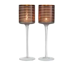Outlet * Lot De 2 Photophores Sur Pied "Verre Raye" 30Cm Marron