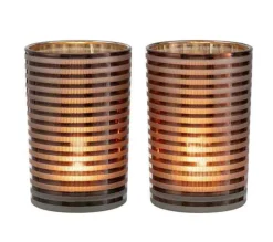 Best * Lot De 2 Photophores "Verre Raye" 18Cm Marron