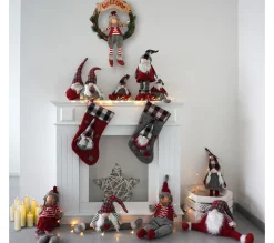Discount MOBILI REBECCA Lot 2 Bas De Noël Befana Epiphanie Rouge Gris Tissu Avec Elfe Elf Gnome