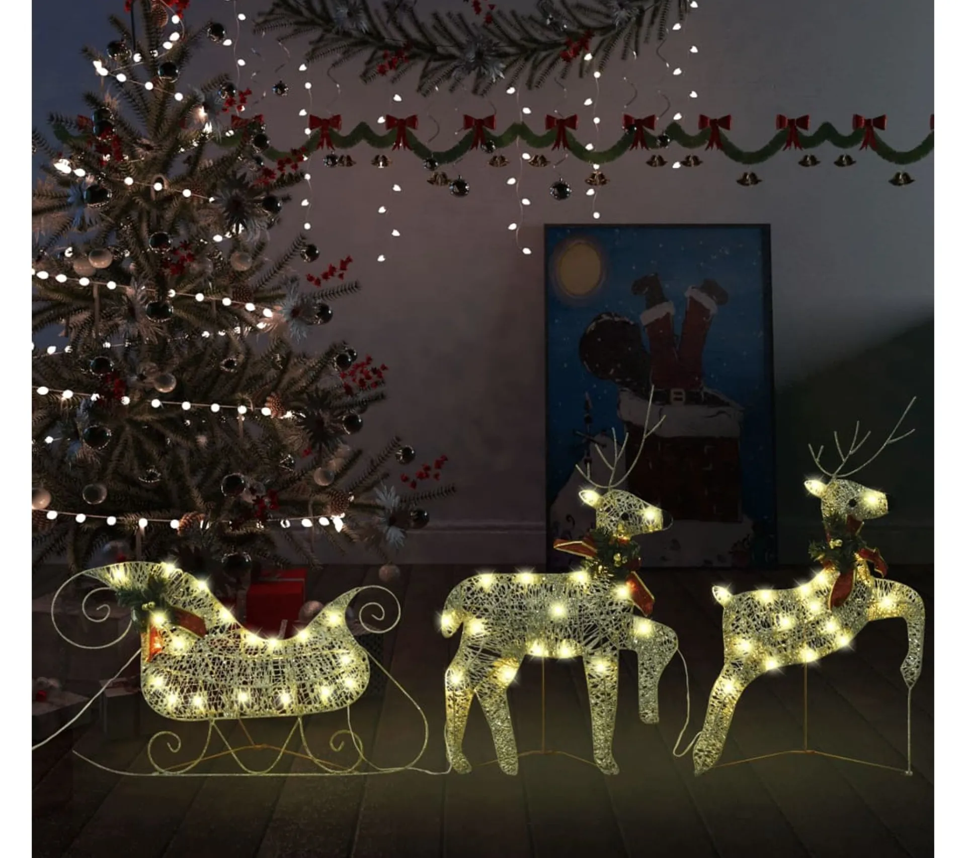 New * Renne Et Traineau De Décoration De Noël 60 Led Exterieur Dore